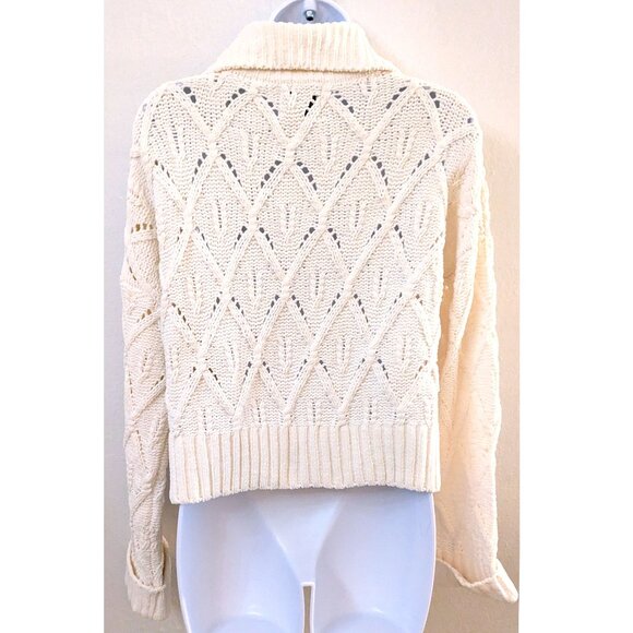 Pink Rose - White Cropped Chunky Sweater with Folded Sleeve and Collar Size M - Picture 3 of 9